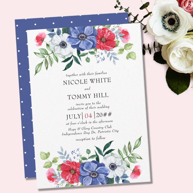 Invitation Le 4 juillet Mariage floral rouge blanc et bleu (Créateur téléchargé)