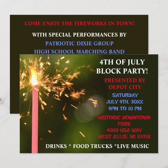 Invitation Le 4 juillet Parti du bloc de l'indépendance Spark (Devant / Derrière)