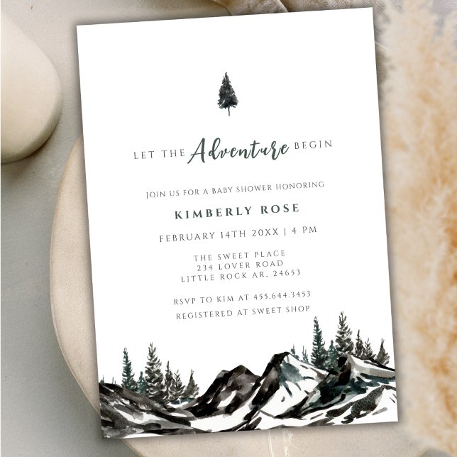 Invitation Le Baby shower Adventure Begin Mountain Forest (The Adventure Begin Mountain Forest Baby Shower Invitation)