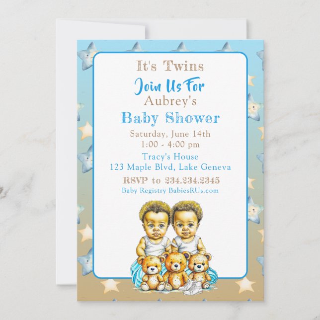 Invitation Le Baby shower bleu du jumeau afro-américain (Devant)