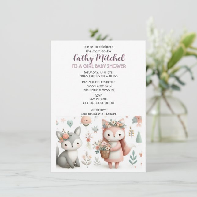Invitation Le Baby shower "C'est une fille" pour les animaux  (Debout devant)