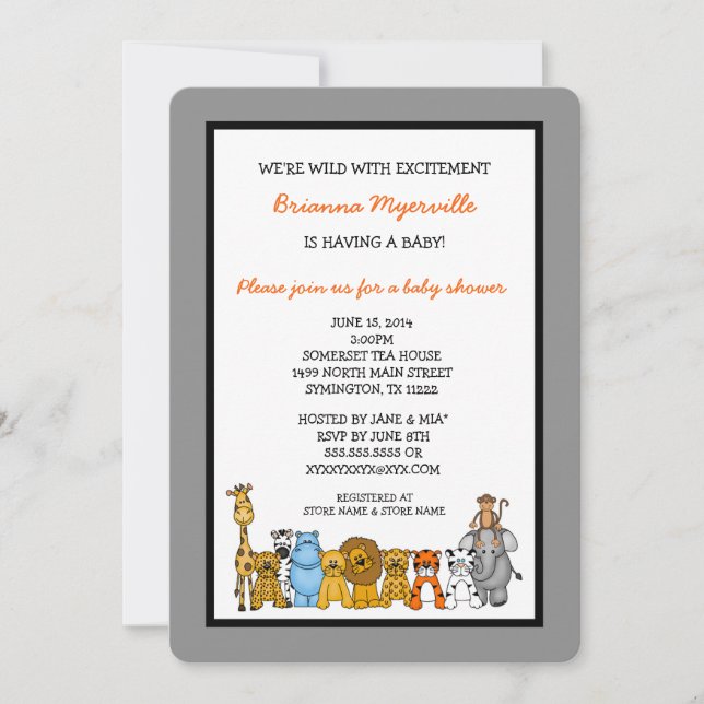 Invitation Le baby shower d'animaux de jungle invite le genre (Devant)