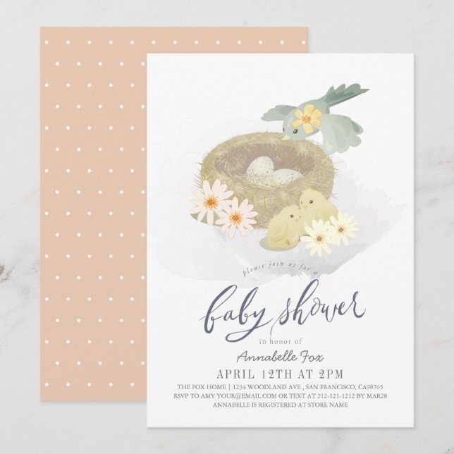 Invitation Le Baby shower de la fille florale du nid d'oiseau (Devant / Derrière)