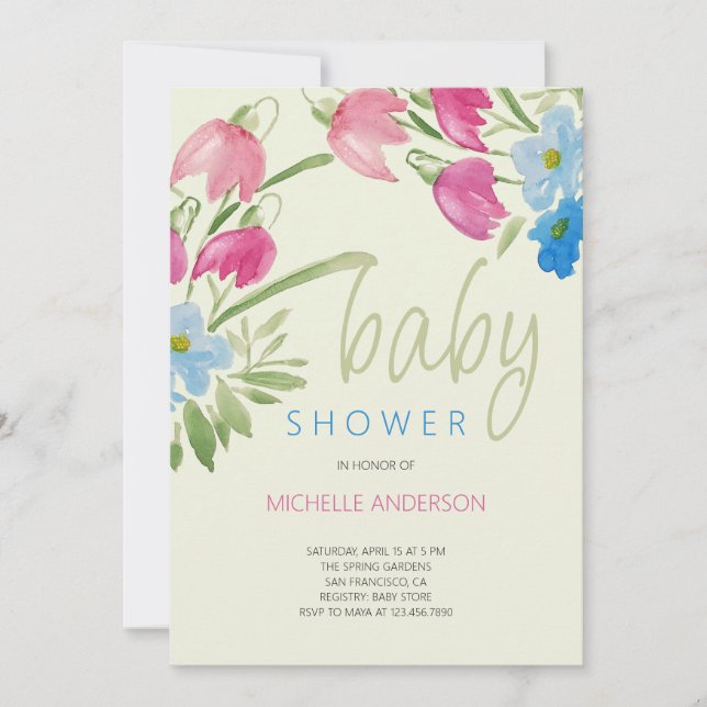 Invitation Le Baby shower De Printemps Vert Blanc Et Bleu Flo (Devant)