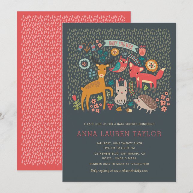 Invitation Le Baby shower des animaux des bois (Devant / Derrière)
