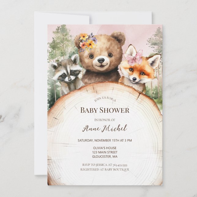 Invitation Le Baby shower des animaux des bois (Devant)
