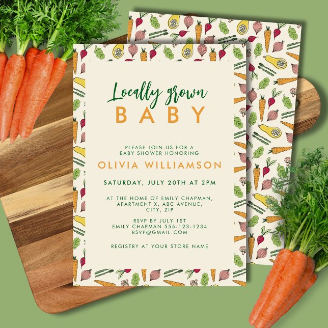 Invitation Le Baby shower des fermiers cultivés localement (Locally grown baby shower invitation for gender neutral farmers market vegetable theme.)