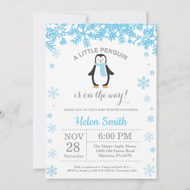Invitation Le Baby shower des garçons d'hiver de Penguin (Devant)