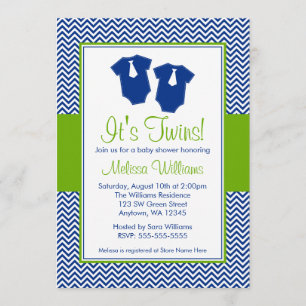 Invitation Le Baby shower des jumeaux bleu Chevron Green