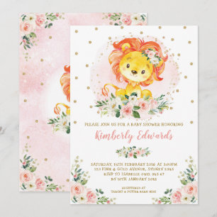 Invitation Le baby shower féminin de lion rougissent or
