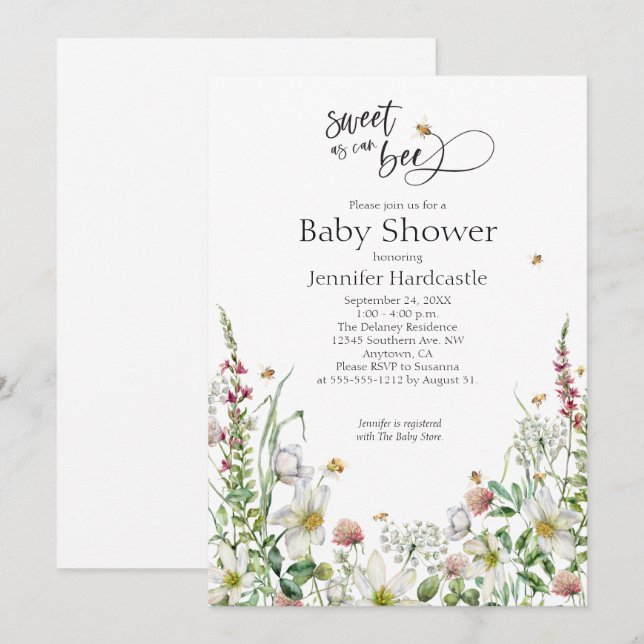 Invitation Le Baby shower Floral Fleur sauvage, aussi doux qu (Devant / Derrière)
