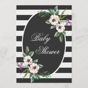 Invitation Le Baby shower floral moderne Black White Stripes