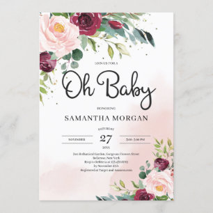 Invitation Le Baby shower floral Oh, bordeaux rose roux moder