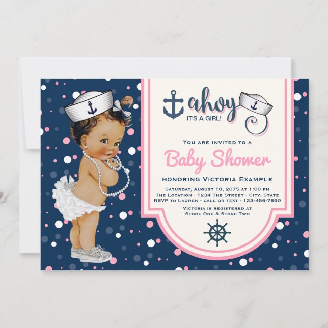 Invitation Le Baby shower Nautique des filles ethniques (Devant)