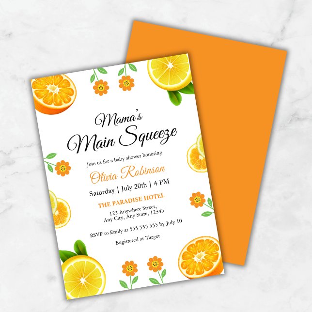 Invitation Le Baby shower principal d'agrumes orange de Mama (Mama's Main Squeeze Orange Citrus Baby Shower Invitation )