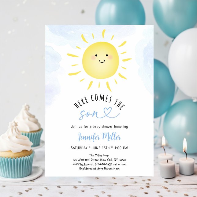 Invitation Le Baby shower Soleil Arrive Ici Le Bleu Fils (Créateur téléchargé)
