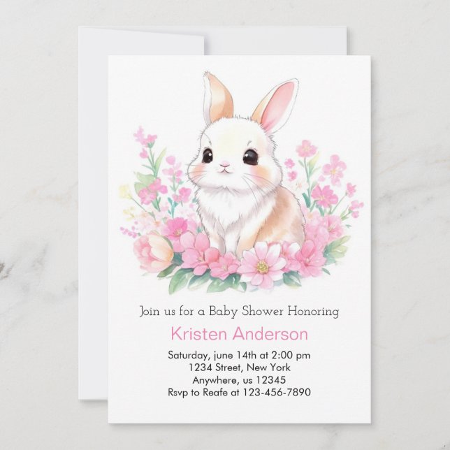 Invitation Le Baby shower Whimsical de filles de Lapin Rose (Devant)
