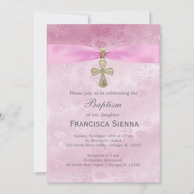 Invitation Le baptême rose Roses (Devant)