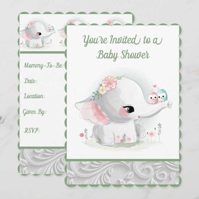 Invitation Le Beau Bébé Blanc Garçon ou Eléphant Fille (Devant / Derrière)