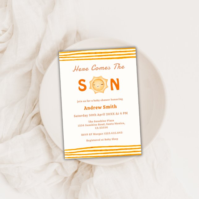 Invitation Le Beau Soleil Est Ici Le Baby shower Du Fils (Cute Sunshine Here Comes The Son Baby Shower Invitation)