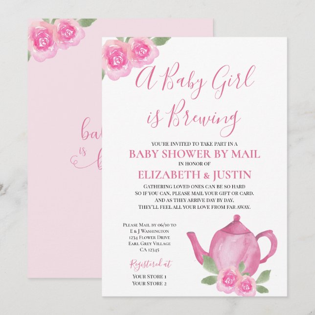 Invitation Le bébé brasse du Baby shower de théière rose par  (Devant / Derrière)