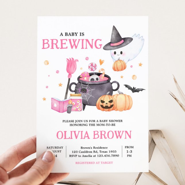 Invitation Le bébé brasse le Baby shower d'Halloween rose (Baby is Brewing Invitation
)