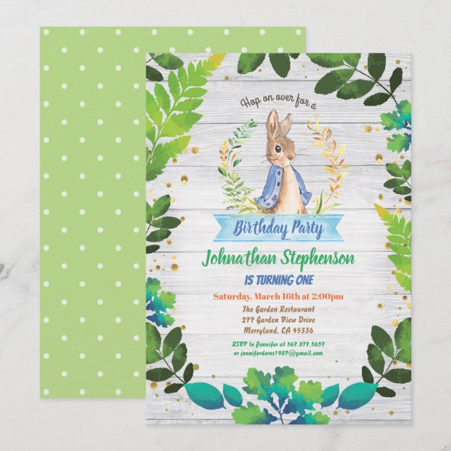 Invitation Le bébé Bunny premier anniversaire Printemps Pâque (Devant / Derrière)