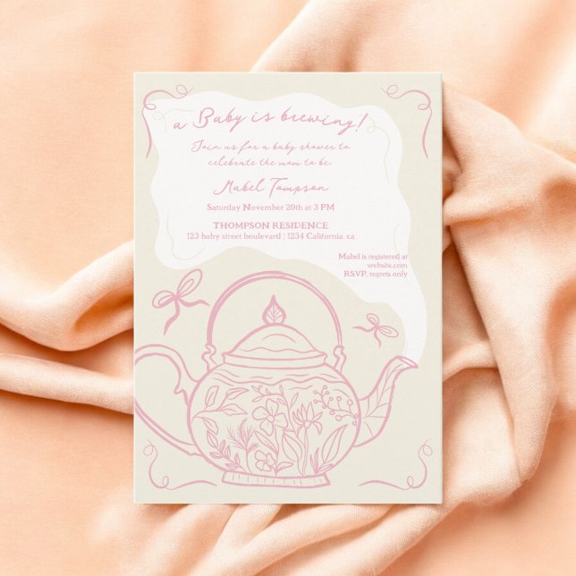 Invitation Le bébé en théière des arcs roses rétro brasse du  (Retro pink bows teapot baby is brewing Baby shower Invitation)