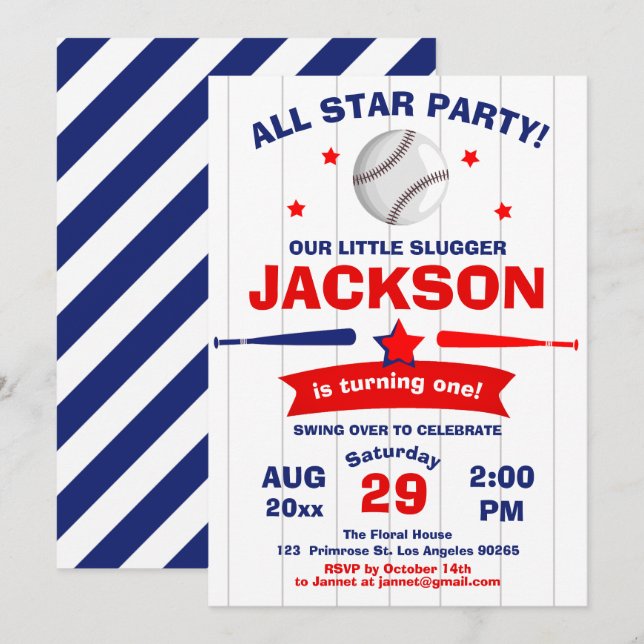 Invitation Le Big One Baseball Boy Little Slugger Anniversair (Devant / Derrière)