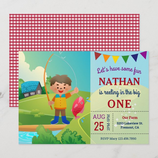Invitation Le Big One Boys Pêche 1er Fête d'anniversaire (Devant / Derrière)
