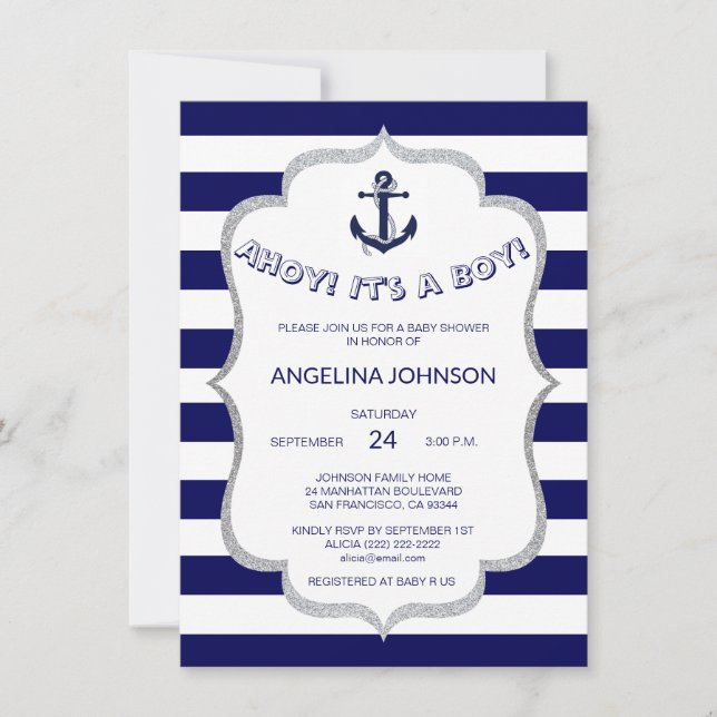 Invitation Le blanc nautique de bleu marine barre le BABY (Devant)