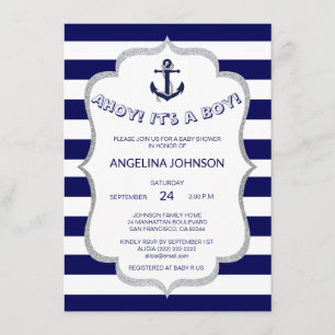 Invitation Le blanc nautique de bleu marine barre le BABY