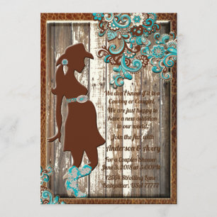 Invitation Le brun de turquoise de cow-girl de cowboy couple