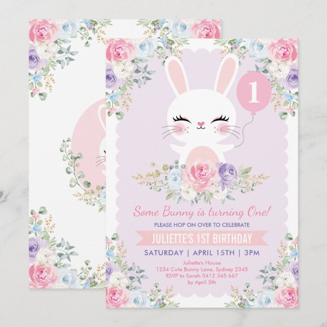 Invitation Le Bunny floral du printemps 1er anniversaire Cout (Devant / Derrière)