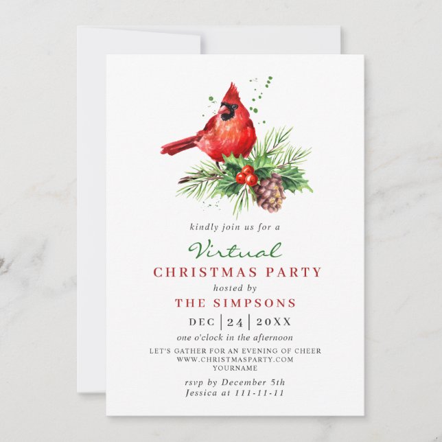Invitation Le cardinal rouge Holly Berry fête de Noël VIRTUEL (Devant)