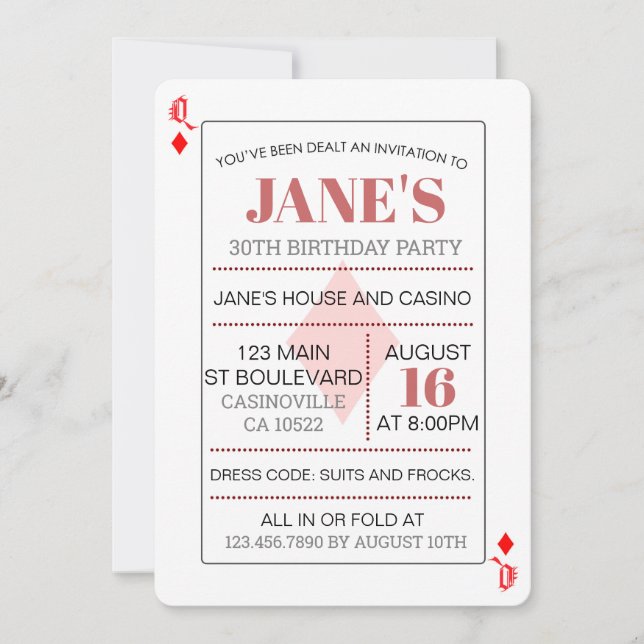 Invitation Le casino de la Reine des Diamants Jouant aux cart (Devant)