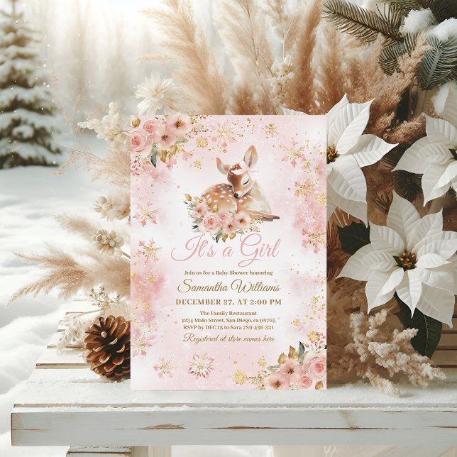 Invitation Le cerf d'hiver rose est un Baby shower de fille (Créateur téléchargé)