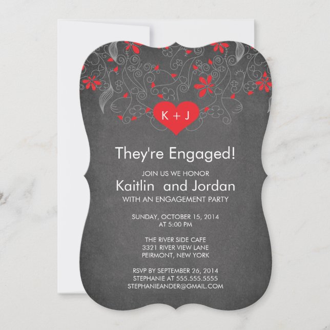 Invitation Le Chalboard Red Heart avec Flower Engagement Part (Devant)