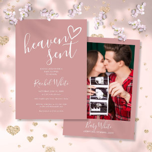 Invitation Le ciel a envoyé Dusty Rose Pink Photo Girl Baby s