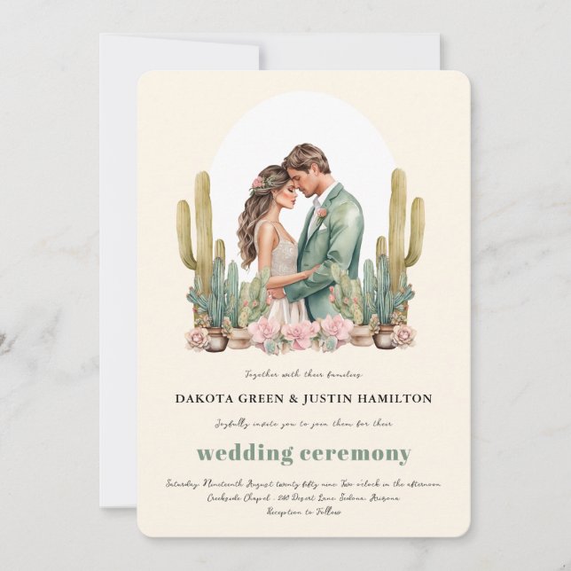 Invitation Le désert de Boho Cactus en un seul Mariage (Devant)