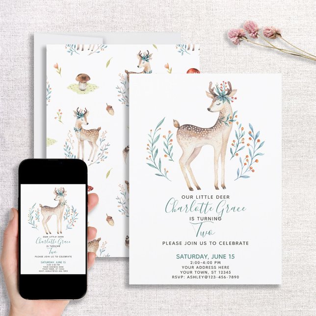 Invitation Le deuxième anniversaire du bébé des cerfs de forê (Créateur téléchargé)