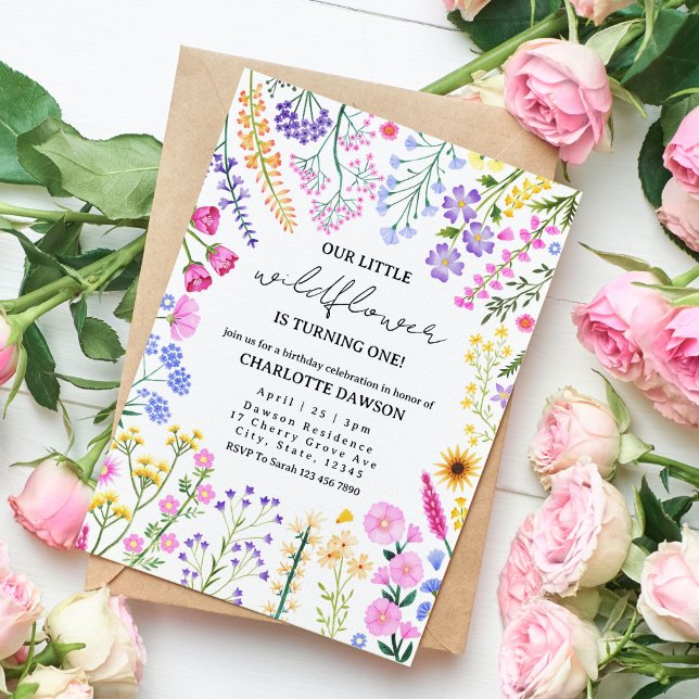 Invitation Le fleur sauvage Fait D'Une Fille Son Premier Anni (Our Little Wildflower Floral First Birthday Invitation)