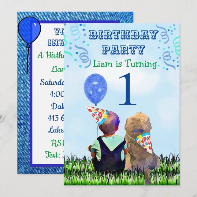 Invitation Le garçon et son chien fête d'anniversaire (Devant / Derrière)