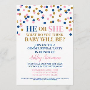 Invitation Le genre bleu rose de confettis d'or indiquent la