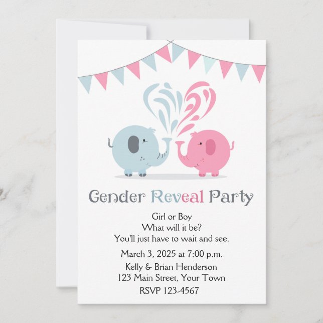 Invitation Le genre rose et bleu d'éléphants indiquent (Devant)