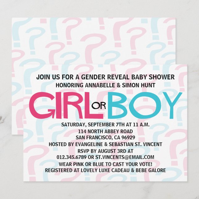 Invitation Le genre rose et bleu indiquent la partie de baby (Devant / Derrière)