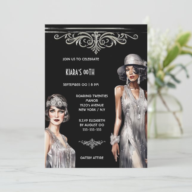 Invitation Le Grand Gatsby | argent noir Flapper filles chic (Debout devant)