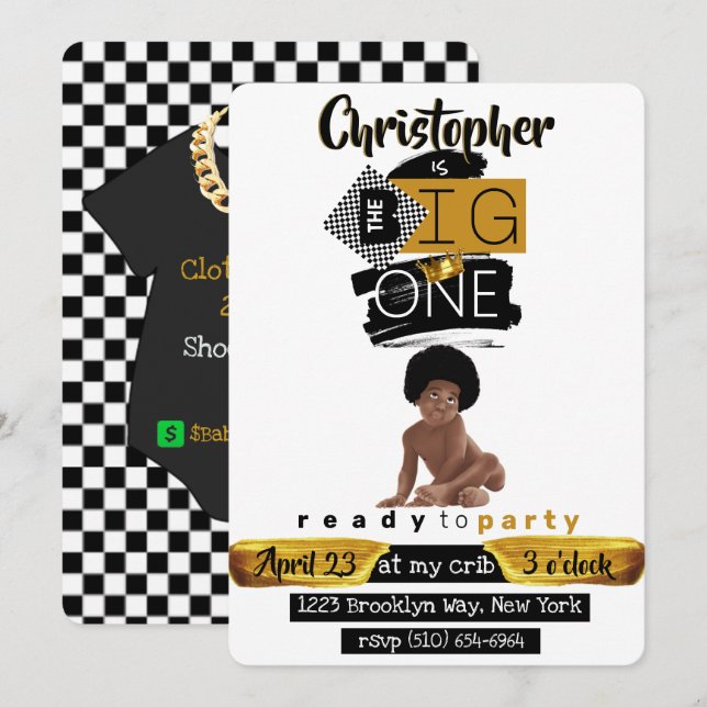 Invitation Le grand | Hip hop afro bébé garçon Retro Annivers (Devant / Derrière)