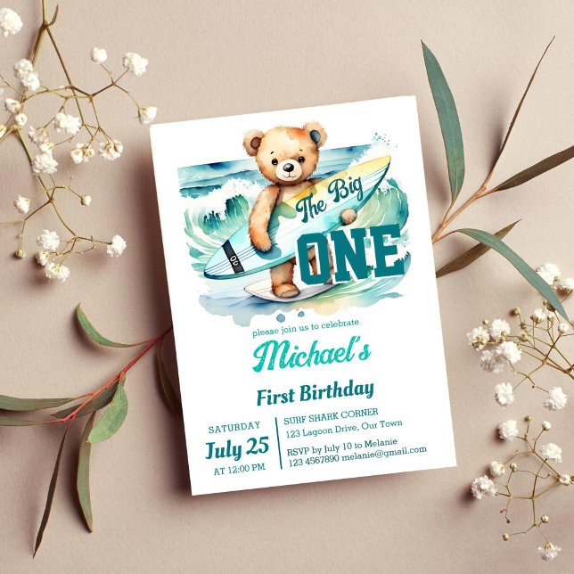 Invitation Le grand surf d'anniversaire de la fête du surf en (The big one surfing ocean themed birthday party template invitation instant download surfer tedddy)