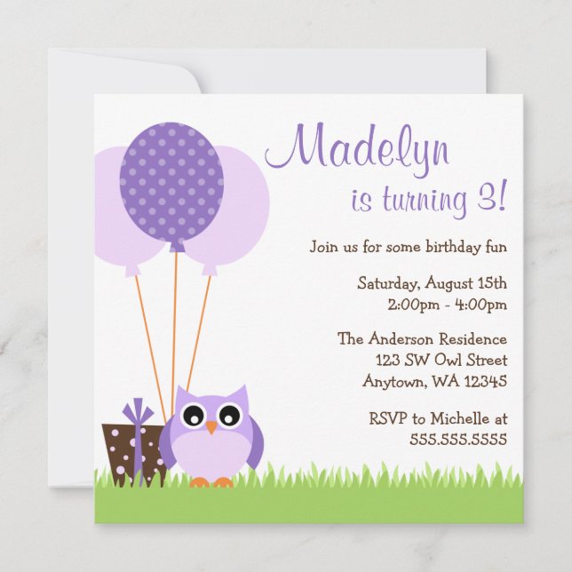 Invitation Le hibou pourpre mignon monte en ballon des (Devant)